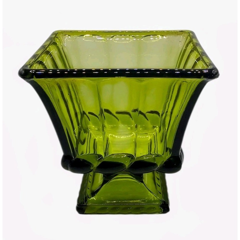 VTG 60s Heavy Olive Green Glass Rectangle Compote /Candy Dish Footed Ribbed Base